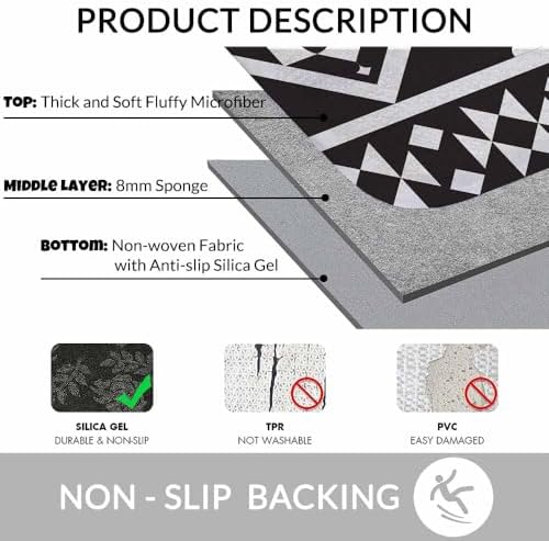 Geometric Ethnic Pattern Bathroom Mat Rugs Black and White Microfiber Faux - Image 6