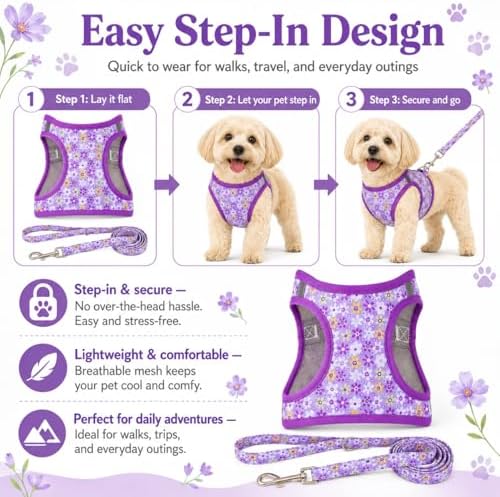 Step in Dog Harness Leash Set- All Weather Reflective No-Pull Floral Pattern - Image 3