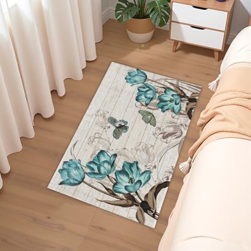 Giwawa Teal Floral Bath Rug Butterfly Flower Bath Carpet Soft Bathroom Plush - Image 6