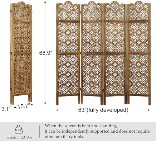 68.9Inch Folding Room Divider, 4 Panels Wood Carved Privacy Screens - Image 4