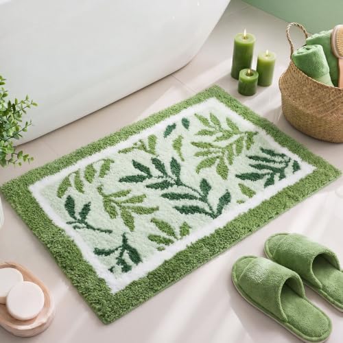Boao Sage Green Bathroom Rug Tufted Leaf Bath Mat Non-Slip Soft Absorbent by Boao