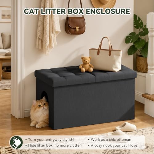 3-in-1 Cat Litter Box Enclosure Furniture, Cat Ottoman, Dark Grey - Image 4