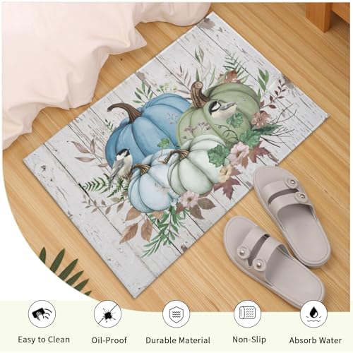 Giwawa Blue Pumpkin Bath Rug Autumn Leaves Bathroom Mat Non Slip Absorbent - Image 5