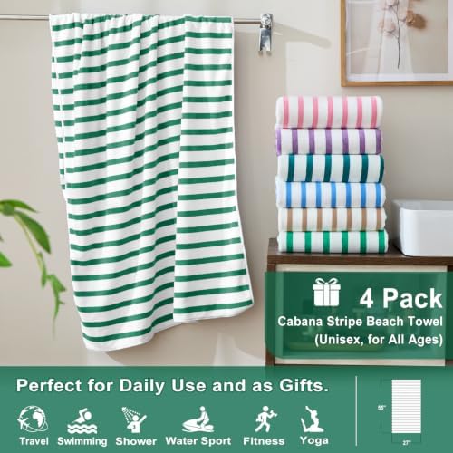 JML Microfiber Beach Towels, 4 Pack, Cabana Stripe Green - Image 2