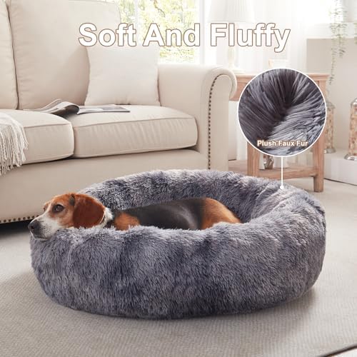 33 in Faux Fur Donut Dog Bed for Medium Plus Dogs, Tie-dye Grey - Image 4