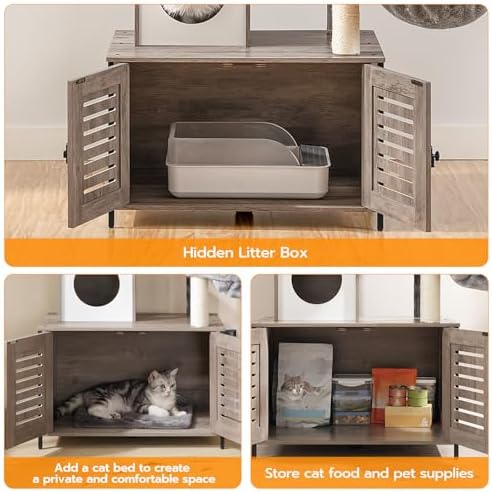 HOOBRO Cat Tree with Litter Box Enclosure, 27.6" L x 18.9" W x 52" H, - Image 6