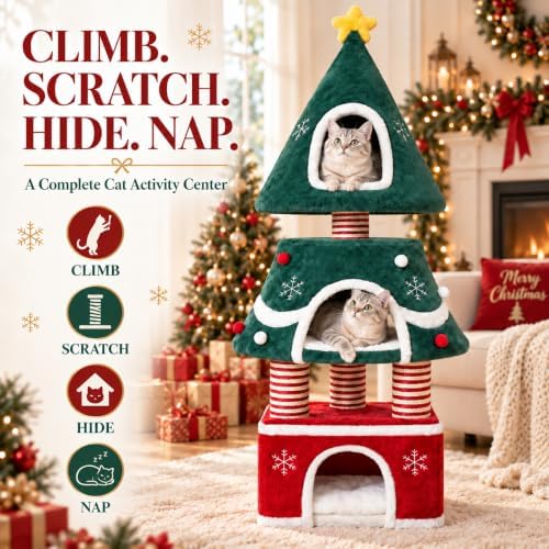 Cat Christmas Tree with 3 Cozy Condos for Indoor Large Cats - Image 2