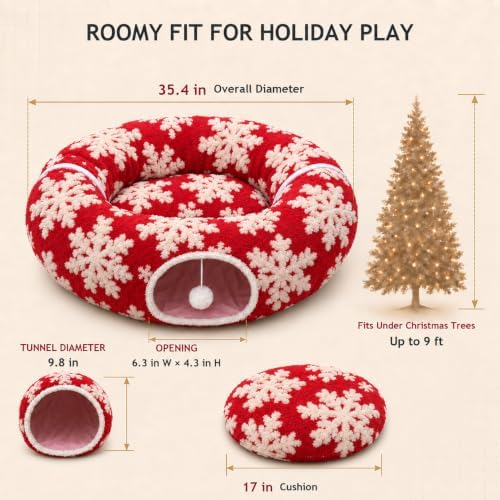 Christmas Snowflake Cat Tunnel Bed Under Tree, Velvet Jacquard, 10"x3 Ft - Image 6