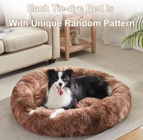 42 in Faux Fur Donut Dog Bed for Large Plus Dogs, Tie-dye Brown - Image 6