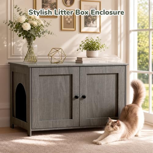 Hidden Cat Litter Box Enclosure Furniture, Dog Proof Kitty Washroom Cabinet - Image 5