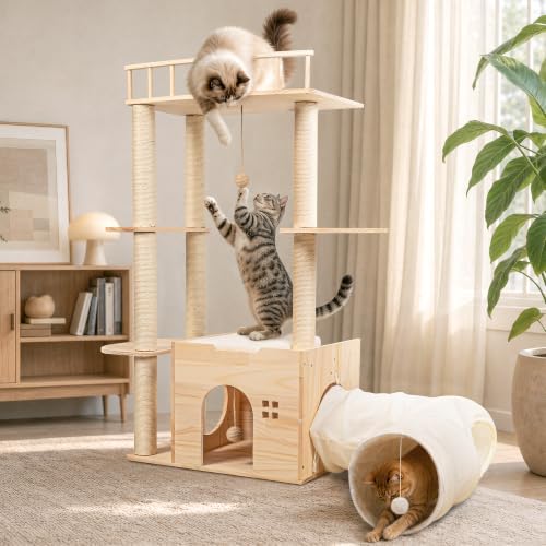 45" Solid Wood Cat Tree for Indoor Cats, Cat Tower by REGMUSE
