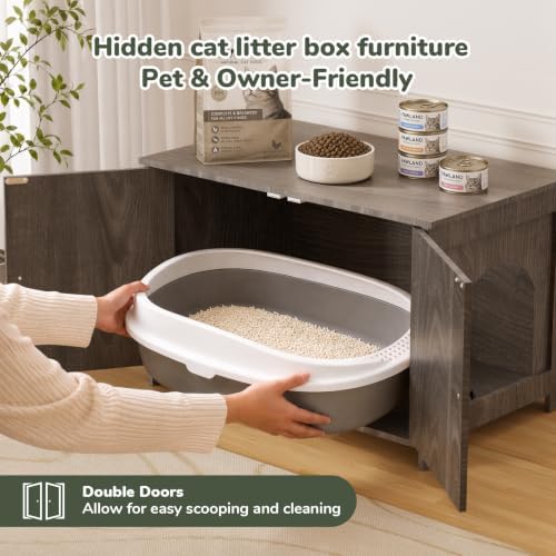 Hidden Cat Litter Box Enclosure Furniture, Dog Proof Kitty Washroom Cabinet - Image 6