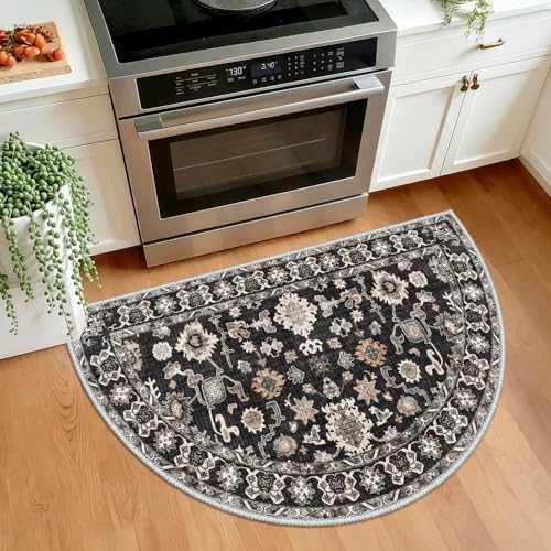 Black Vintage Washable Entryway Rug：1.7x3 Semicircular Non Slip Resistant Design - Image 5
