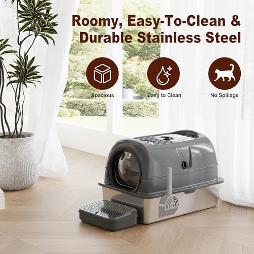 Low Entry High Sided Large Enclosed Cat Litter Box, Stainless Steel Litter Pan - Image 2