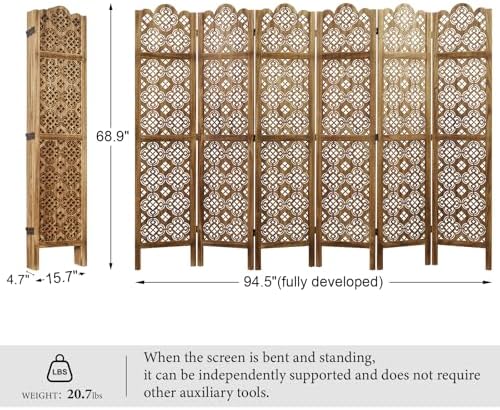 68.9Inch Folding Room Divider, 6 Panels Wood Carved Privacy Screens, Free - Image 4