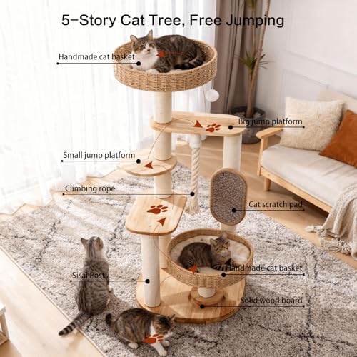 48in Natural Wood Cat Tree for Large Cats, Big Modern Cat Tower - Image 3