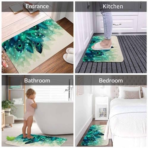 Peacock Feather Bathroom Mat Rugs Watercolor Gradient Blue Soft Halo Microfiber - Image 4