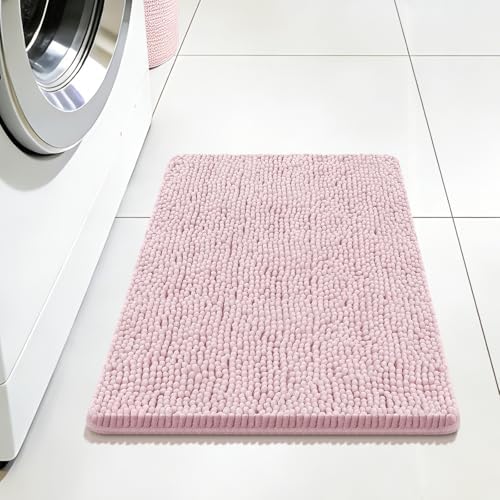 Bcoimo Small Bath Rug Mat, 24x17 Chenille Non Slip Pink Bathroom Shower Mat by Bcoimo