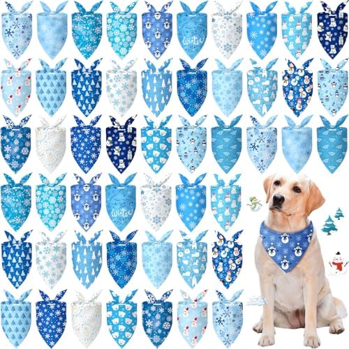 Preboun 50 Pcs Winter Dog Bandanas Bulk, Blue and White Snowman Snowflakes by Preboun