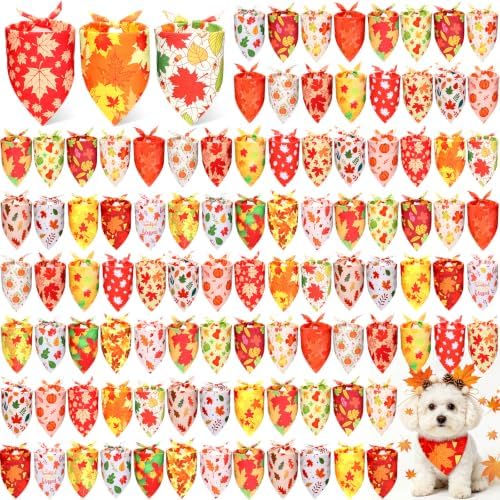 Preboun 100 Pcs Fall Thanksgiving Dog Bandanas Bulk, Pumpkin & Maple Leaves by Preboun