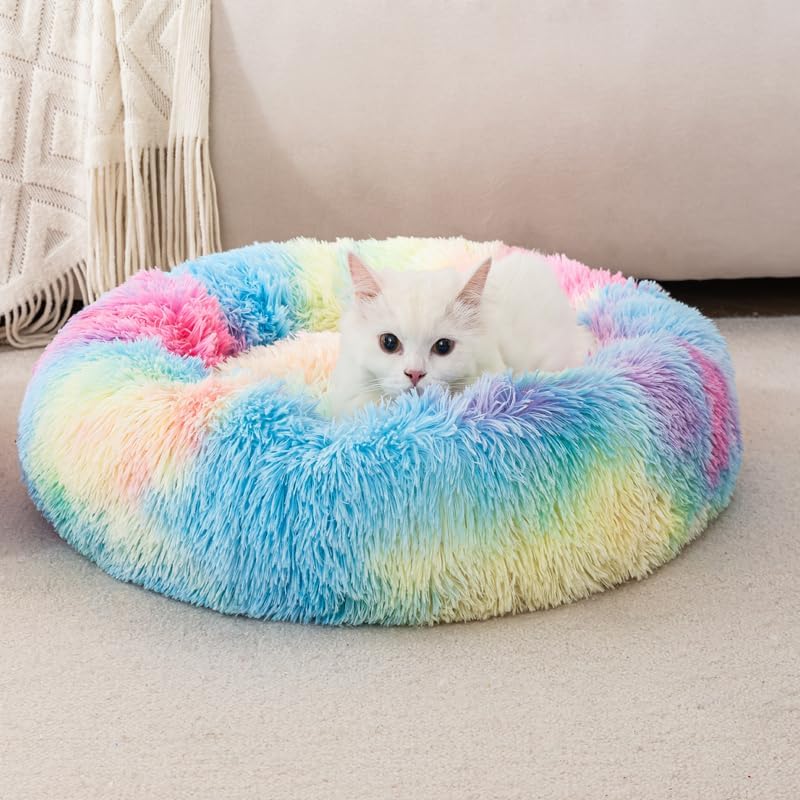 Cat Beds for Indoor Cats, 20inch Calming Dog Bed Rainbow Donut & Orthopedic Pet - Image 3