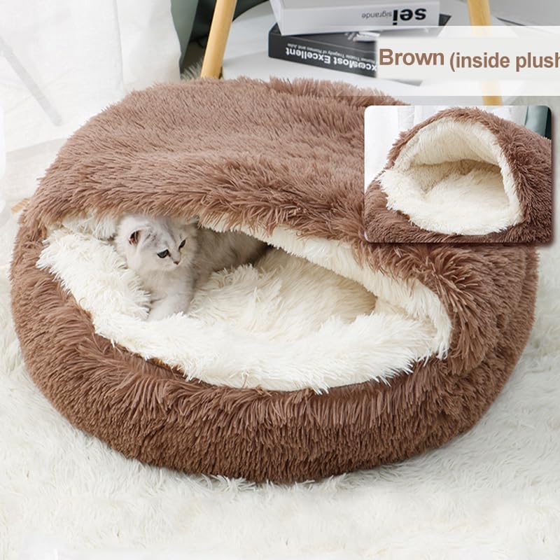 Round Fluffy Hooded Cat Bed Cave, Anti-Anxiety Cave Bed - Image 5