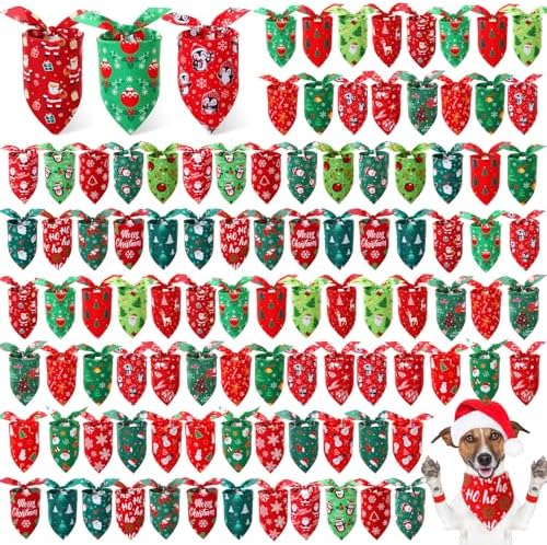 Preboun 100 Pcs Christmas Dog Bandanas Bulk, Red and Green Santa Snowmen by Preboun