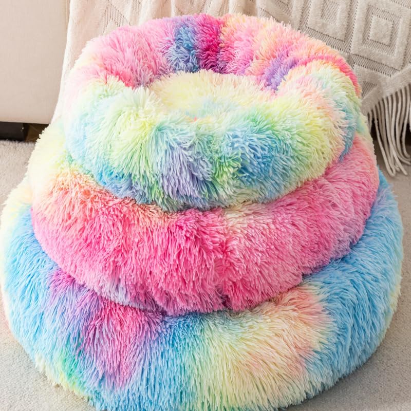 Cat Beds for Indoor Cats, 20inch Calming Dog Bed Rainbow Donut & Orthopedic Pet - Image 5