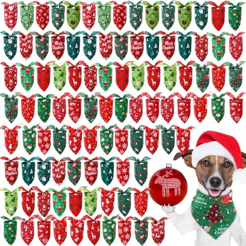 Preboun 100 Pcs Christmas Dog Bandanas Bulk, Red and Green Santa Snowmen by Preboun