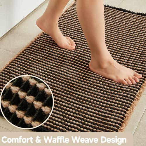 TYUU Waffle Runner Rug Bathroom, Long Boho Bath Mat, 72x24 Khaki & Black - Image 3