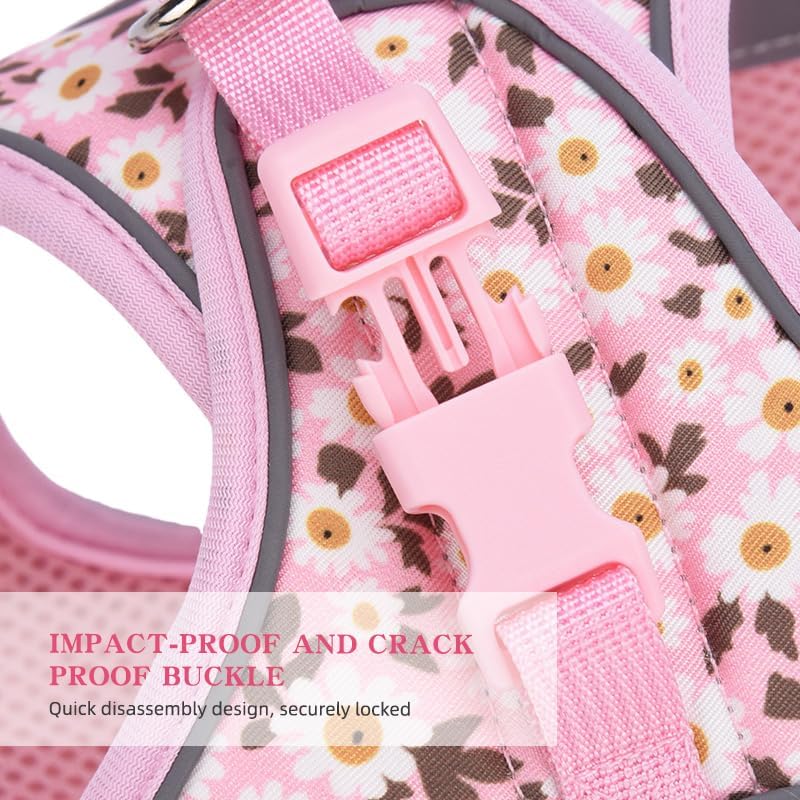 Small Dog Harness Black Daisy Flowers No Pull Reflective Harness - Image 7