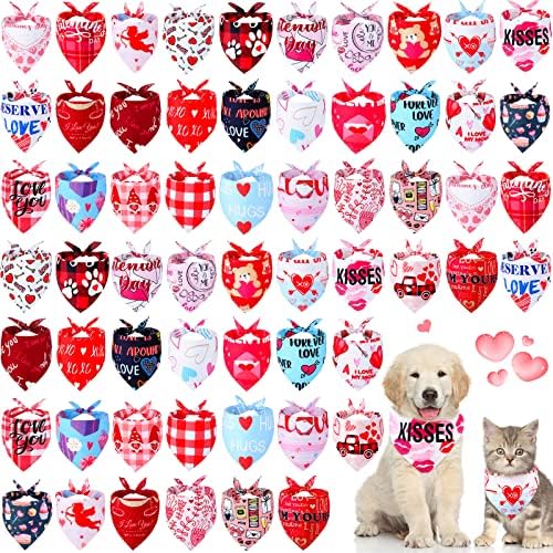 60 Pcs Valentine's Day Dog Bandanas Bulk Heart Pet Bandanas Adjustable Dog Bibs Triangle Scarf Holiday Costume for Small Medium Pet (Heart Pattern) by Sanwuta