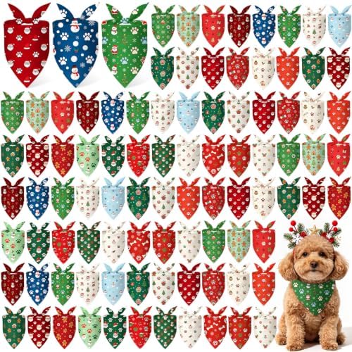 Preboun 100 Pcs Christmas Paw Print Dog Bandanas Bulk, Xmas Party by Preboun