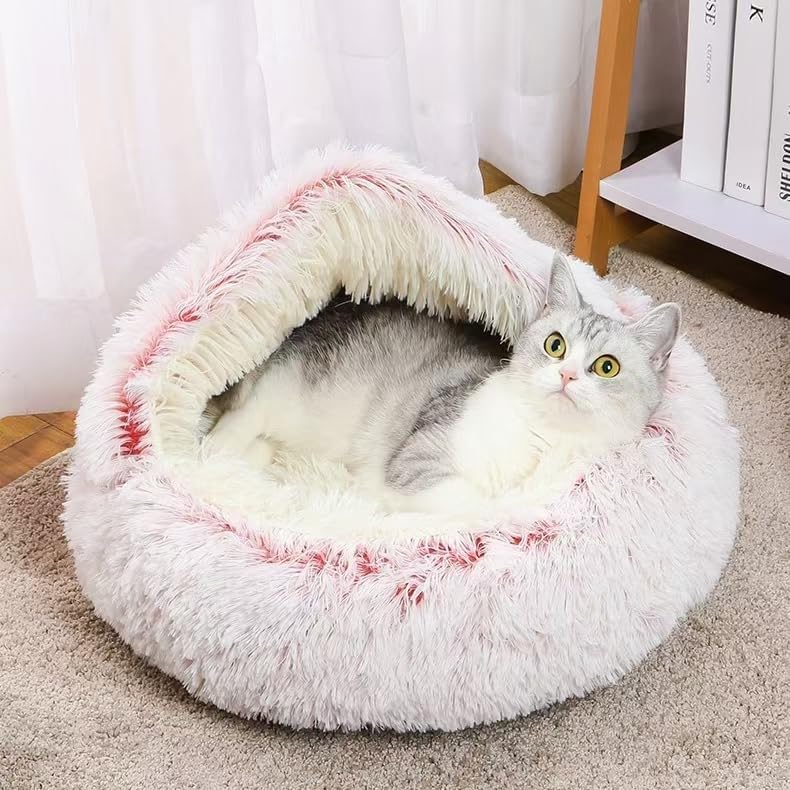 Round Fluffy Hooded Cat Bed Cave, Anti-Anxiety Cave Bed - Image 2