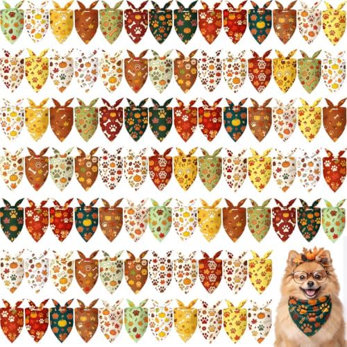Preboun 100 Pcs Fall Paw Print Dog Bandanas Bulk, Autumn Thanksgiving Party by Preboun