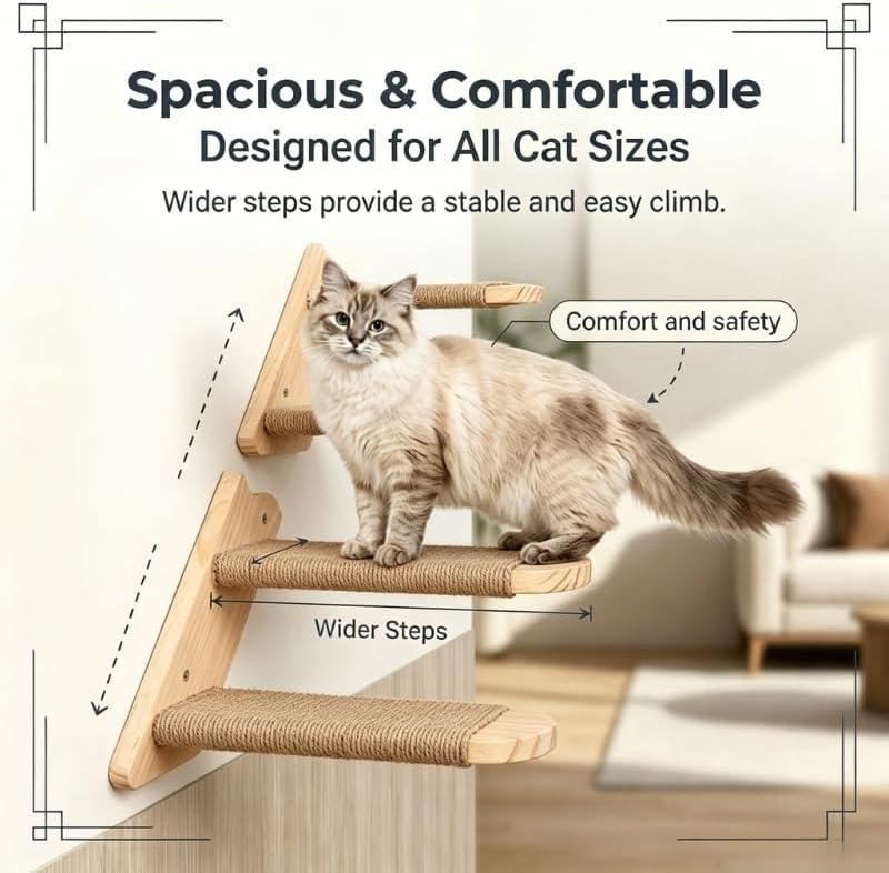 Wall Mounted Cat Shelf, 2 Pack 2 Step Wooden Stairway - Image 4
