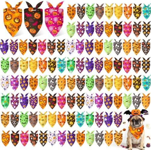 Preboun 100 Pcs Halloween Dog Bandanas Bulk, Pumpkin Ghost Bat by Preboun