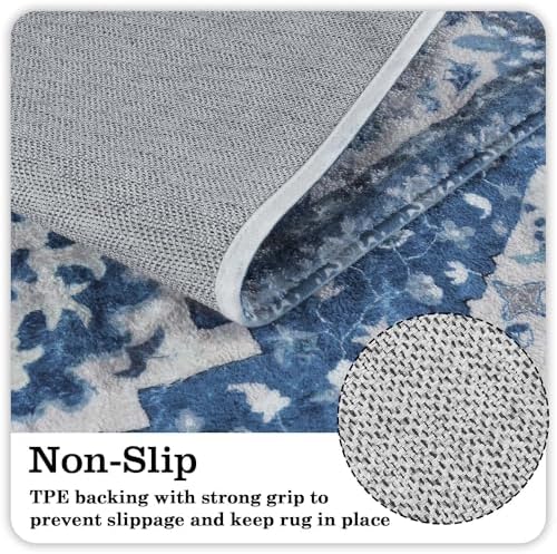 Uphome Vintage Bathroom Runner Blue Boho Non-Slip Long Bath Mat Oriental Soft - Image 3