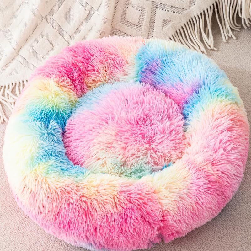 Cat Beds for Indoor Cats, 20inch Calming Dog Bed Rainbow Donut & Orthopedic Pet - Image 6