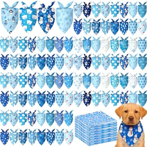 Preboun 100 Pcs Winter Dog Bandanas Bulk, Blue and White Snowman Snowflakes by Preboun