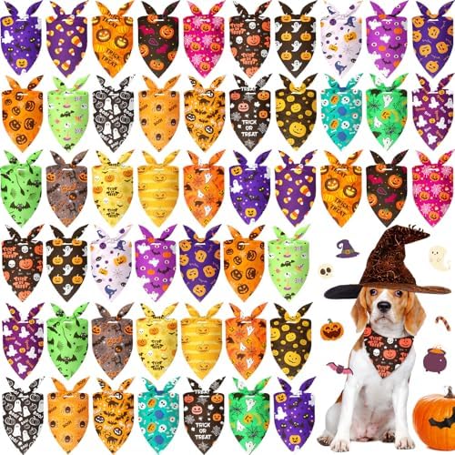 Preboun 50 Pcs Halloween Dog Bandanas Bulk, Pumpkin Ghost Bat Spider Web by Preboun