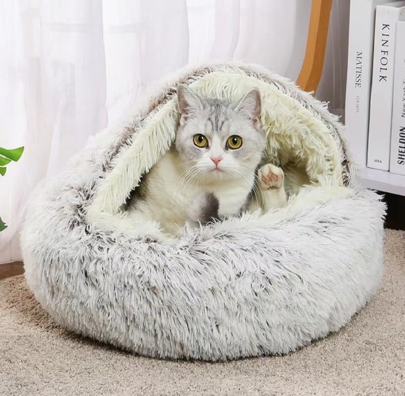 Cat Bed Round Fluffy Hooded Cat Bed Cave, Anti-Anxiety Cave Bed - Image 2