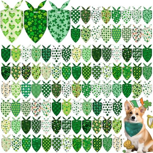 [Hemmed] 100 Pcs St. Patrick's Day Dog Bandanas Bulk Shamrock Pet Scarves Lucky Adjustable Bibs for X-M-L Dogs Washable Holiday Puppy Kerchief for Groomers Shelters by Unknown