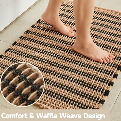 TYUU Waffle Runner Rug Bathroom, Long Boho Bath Mat, 60x24 Black & Khaki - Image 3