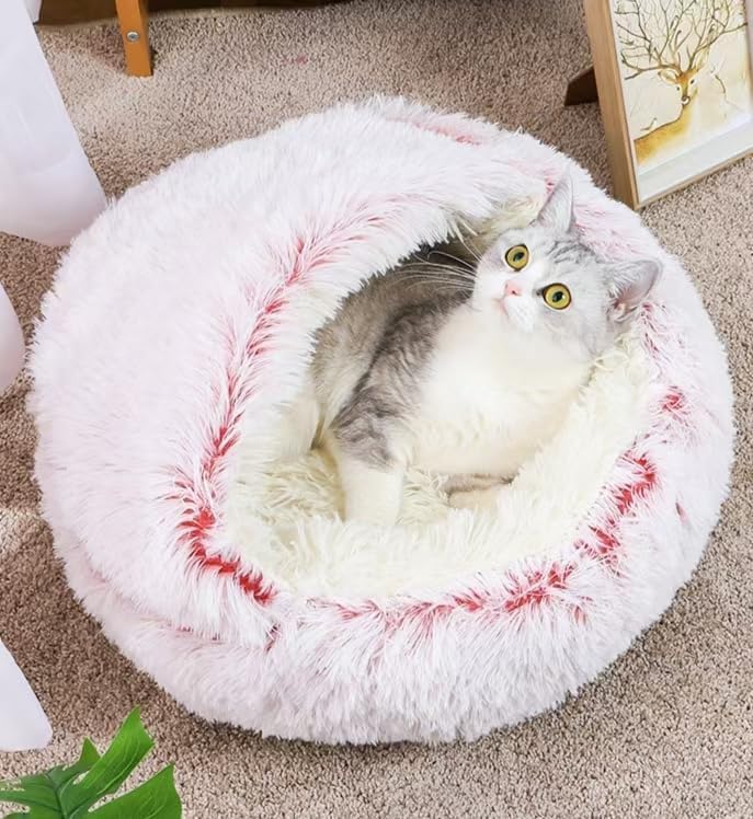 Round Fluffy Hooded Cat Bed Cave, Anti-Anxiety Cave Bed - Image 3