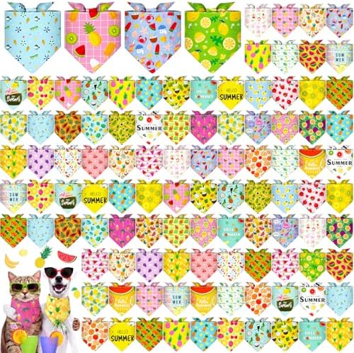 120 Pcs Summer Themed Dog Bandanas Bulk Tropical Hawaii Pet Bandanas Dog Handkerchiefs Cute Fruit Summer Scarf Bibs Triangle Bibs Adjustable Kerchief Pet Grooming Costume Accessories by Bulyoou