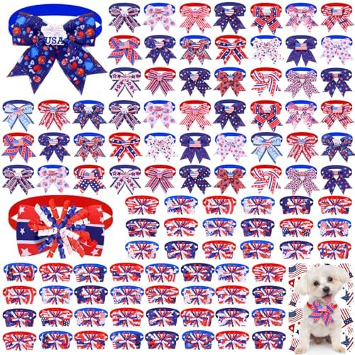 Huhumy 100 Pcs 4th of July Dog Bow Ties Bulk Independence Day Pet Collars by Huhumy