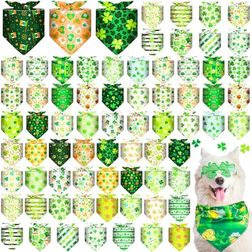 72 Pcs St Patrick's Dog Bandanas Bulk Shamrock Bandanas for Dog Adjustable Washable Pet Triangle Scarf Soft Kerchief Bib for St Patrick's Holiday Pet Costume Accessories by Bulyoou