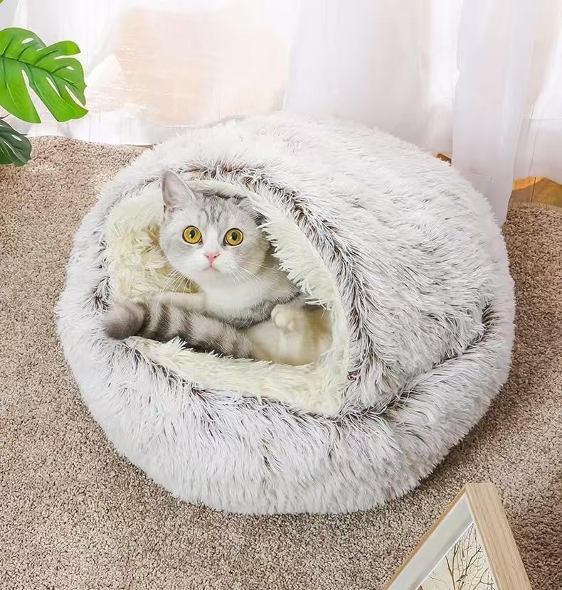 Cat Bed Round Fluffy Hooded Cat Bed Cave, Anti-Anxiety Cave Bed - Image 3